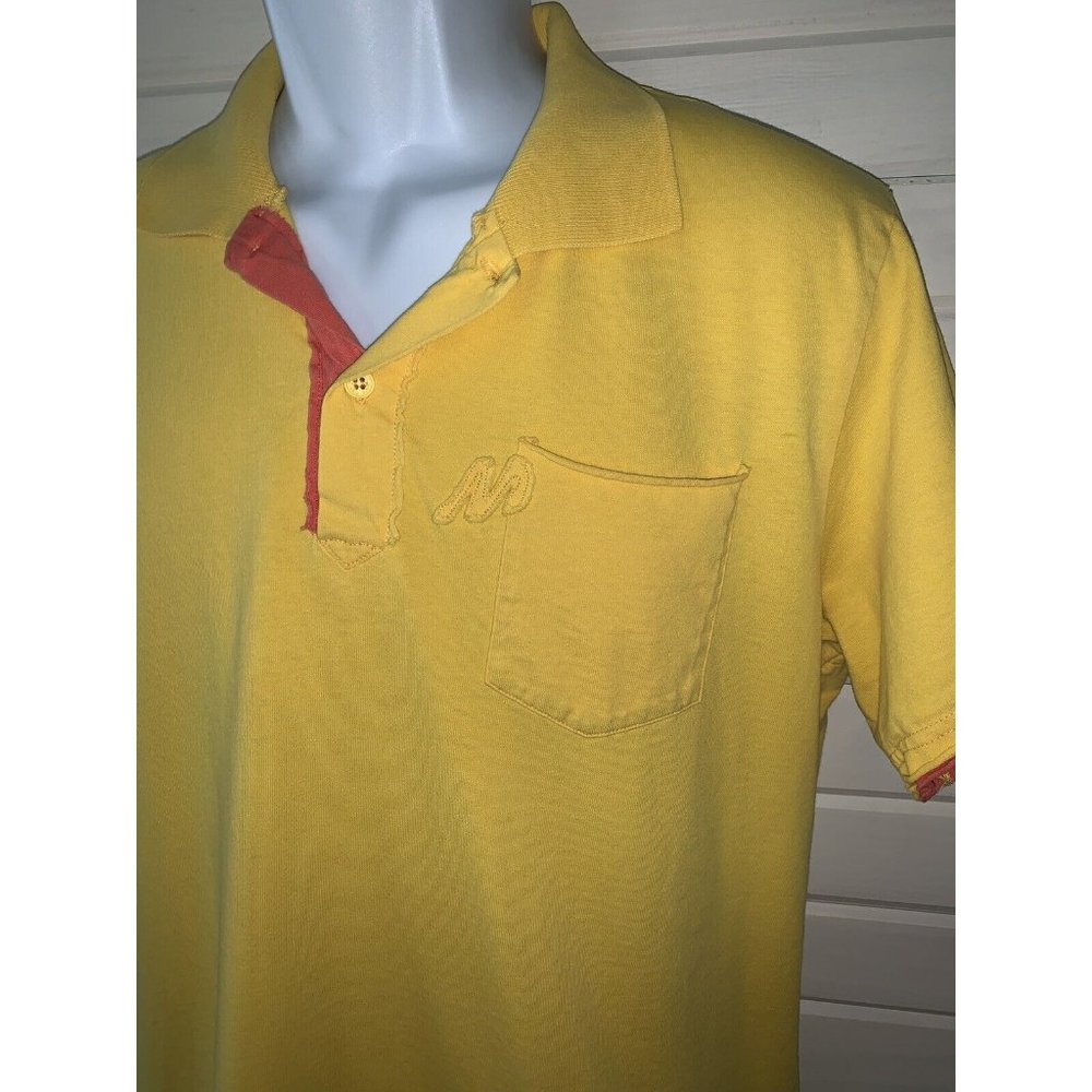 MAVI Sz MEDIUM S/S Yellow Knit Polo Shirt Orange Trim Raw Edges Logo *VGUC
